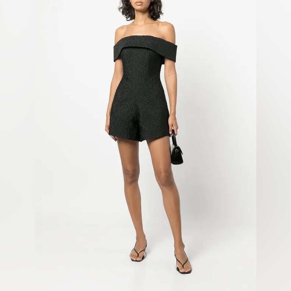 Jonathan Simkhai Womens Black Valerie Patterned Off Shoulder Playsuit, Size 2